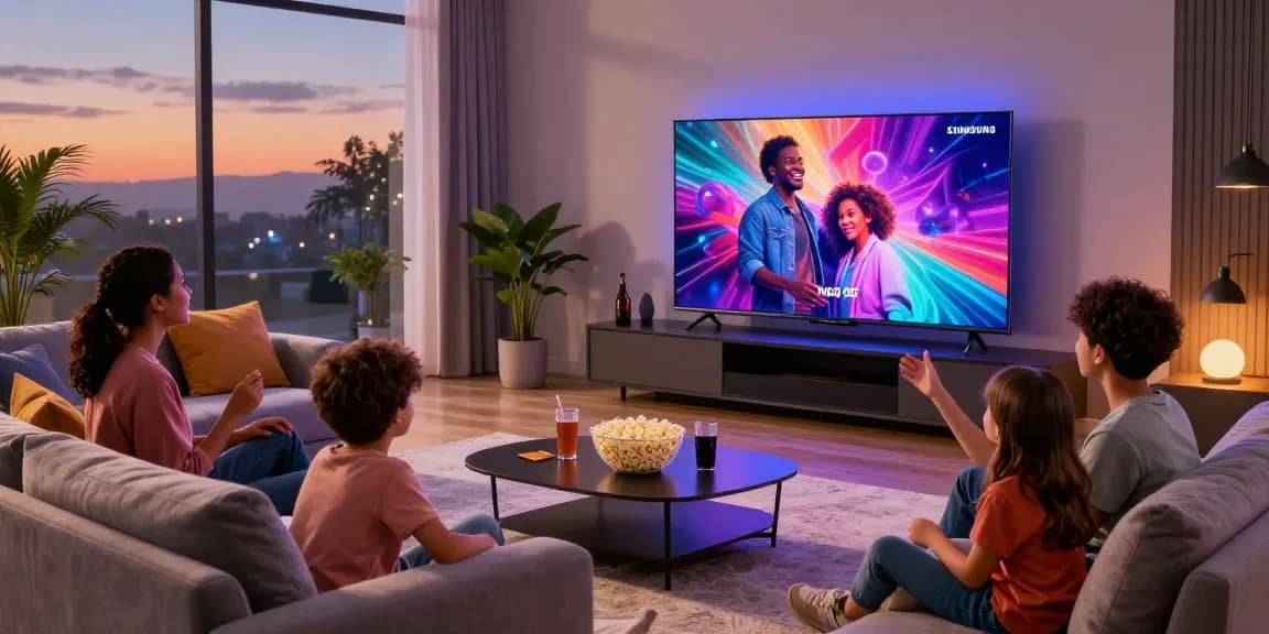 Family enjoying movie night on a Samsung Micro RGB TV in a stylish living room.