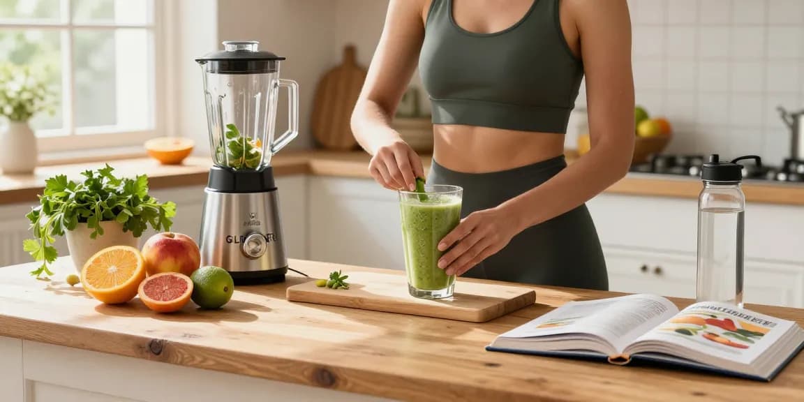 Koi Aminos GLP-3 RT smoothie preparation in a bright kitchen with fresh fruits and health products.