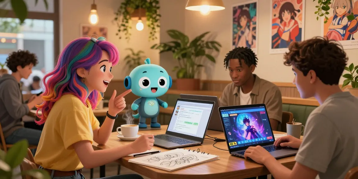 Engaging free ai ecchi chat experience in an anime-inspired cafe with friends and AI characters.