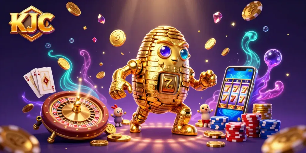 KJC themed online casino illustration showcasing a golden golem, dazzling slot machines, and animated poker elements.