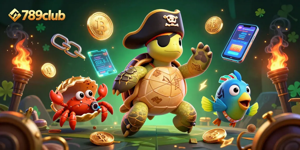 Immerse yourself in 789club's vibrant 3D casino world with a pirate turtle surrounded by Bitcoin and Ethereum coins.