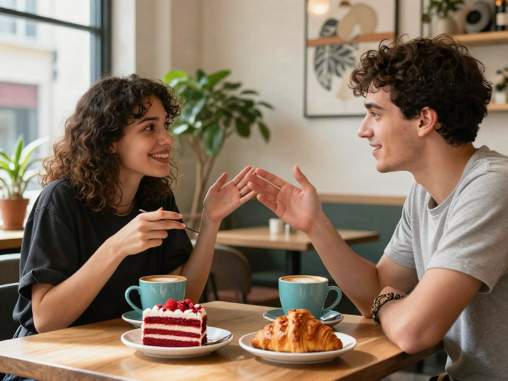 Engaging spicy chat between friends over coffee with vibrant pastries