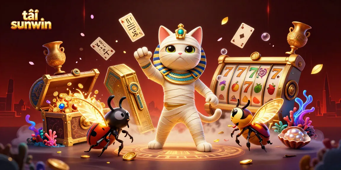 Experience thrilling gameplay with tải sunwin featuring a mummy cat amidst dynamic casino elements.