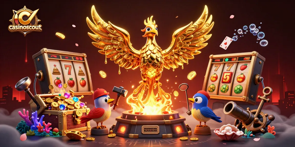 Experience casinoscout with an energetic 3D scene featuring a golden phoenix and slot game elements.