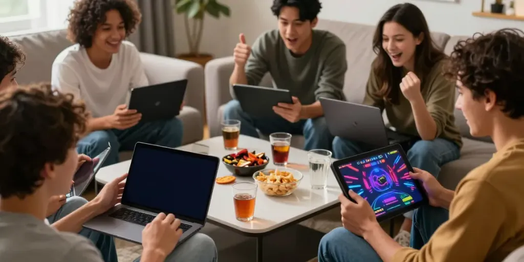 Friends engaged in online gaming and betting on http://11bet-app.net/ in a cozy living room.