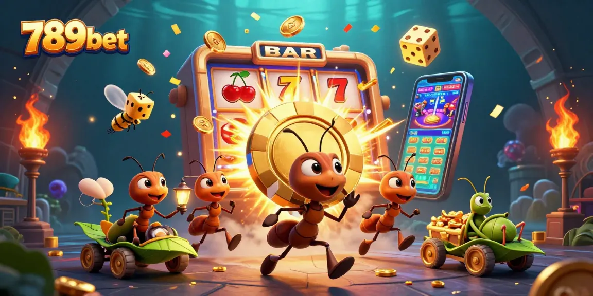 Join the excitement of 789bet with an illustration of ants heisting a giant poker chip amidst casino treasures.