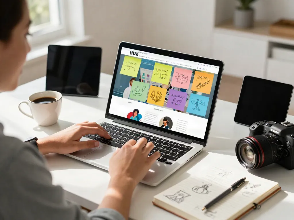 Explore and browse around this website on a laptop in a vibrant home office.