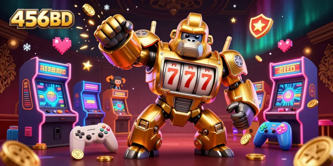 Join the thrilling action of 456BD with a golden gorilla mech and arcade games in a vibrant casino scene.