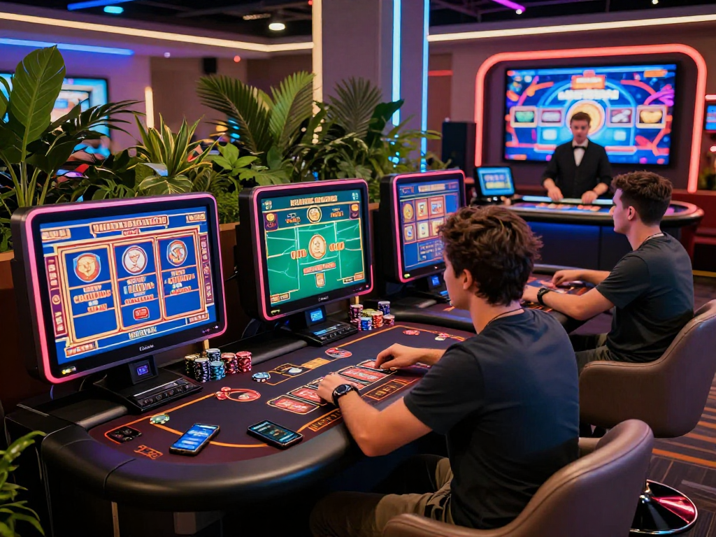 Exciting crypto casino scene with diverse players enjoying digital games, showcasing vibrant atmosphere and modern gaming experience.