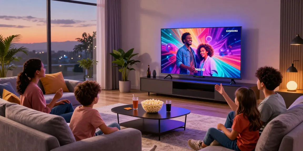 Family enjoying movie night on a Samsung Micro RGB TV in a stylish living room.