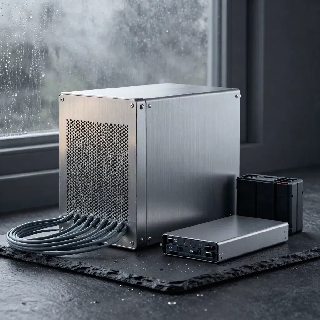 Rack server, backup drive and UPS on slate with fibre coils in soft storm light.