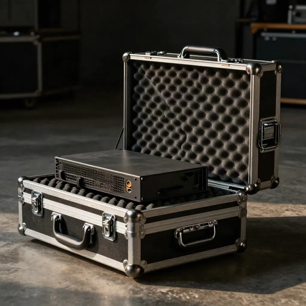 Rugged flight case with foam, straps, and server tray on dark concrete with bokeh