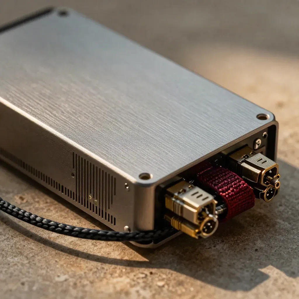 Macro still life of backup hardware, email appliance and patch leads on warm stone.