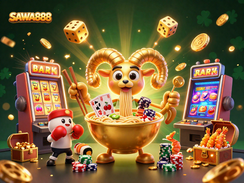 Experience thrilling wins at SAWA888 with vibrant 3D characters celebrating in a bustling casino scene.