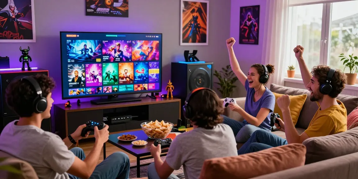 Group of friends enjoying free porn games in a vibrant gaming setup.