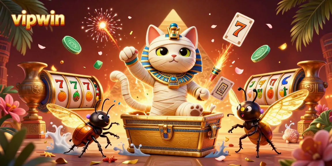 Join the adventure at vipwin with a cartoon mummy cat and glowing scarab in a vibrant casino scene.