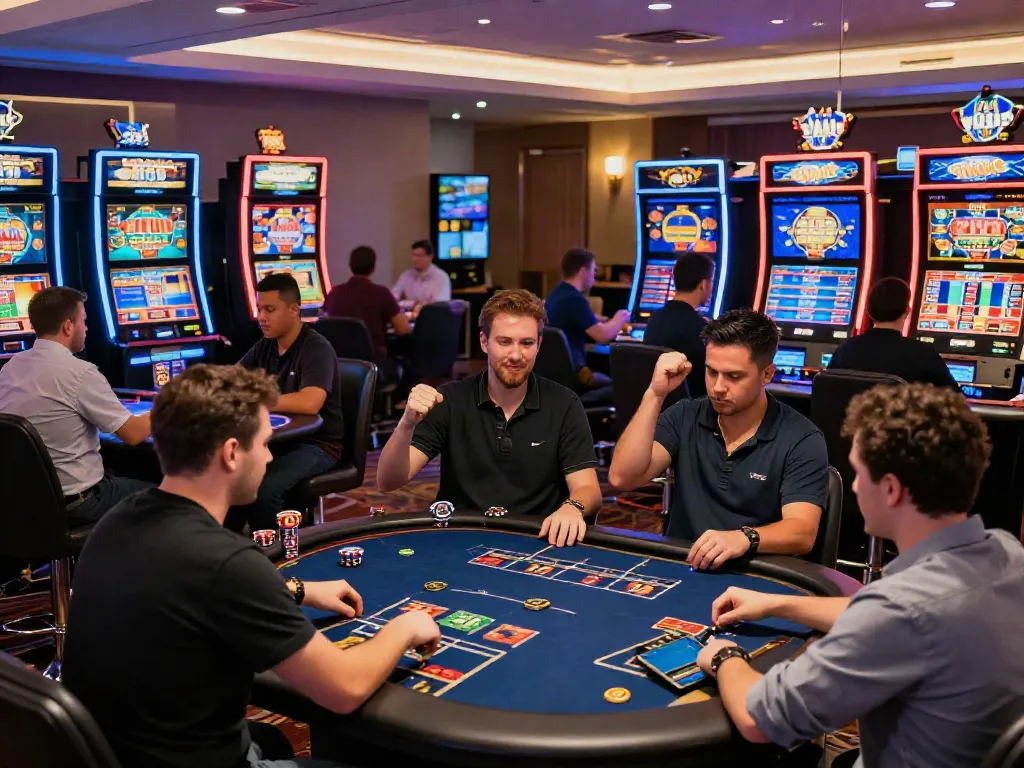 SIN88 nhà cái modern casino scene with energetic players celebrating wins