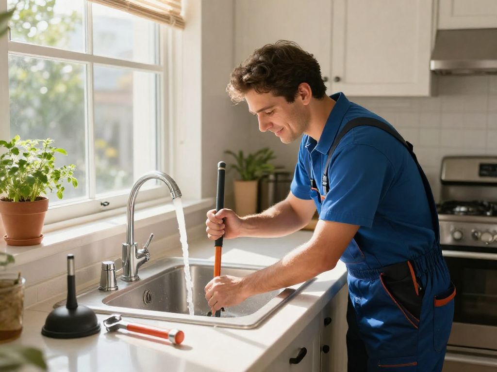 Expert drain cleaning Fort Worth with a plumber resolving a kitchen sink issue, surrounded by necessary tools.