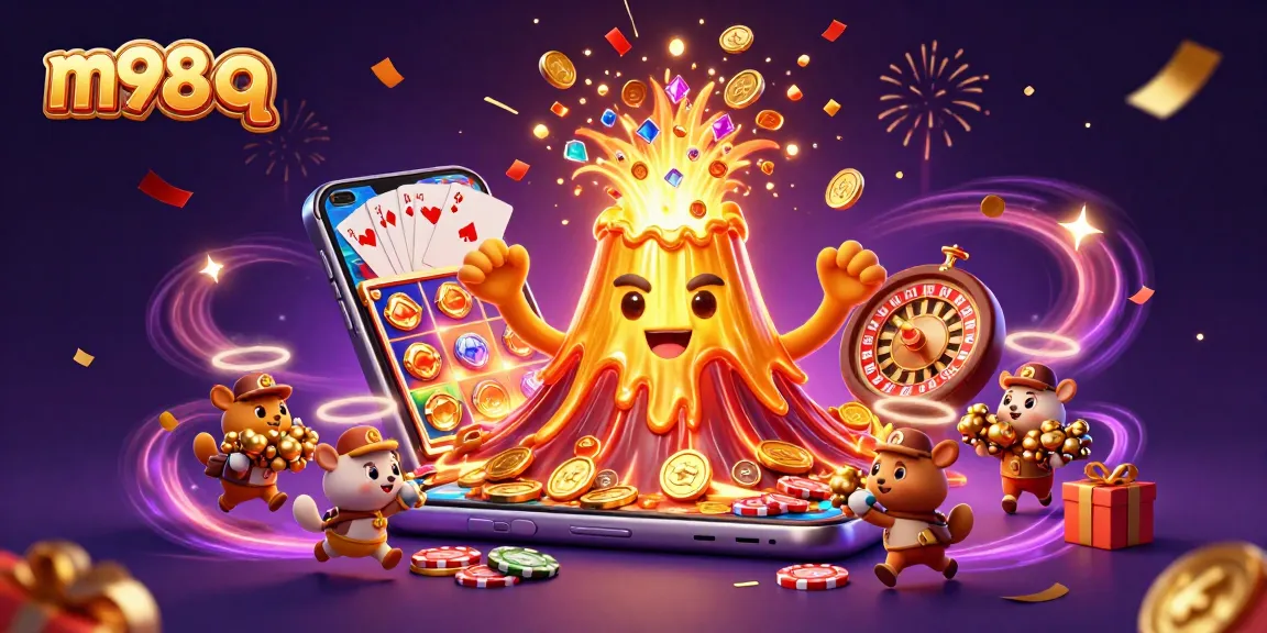 Experience the excitement of m98 q with a thrilling 3D casino scene featuring a golden volcano and treasure seekers.
