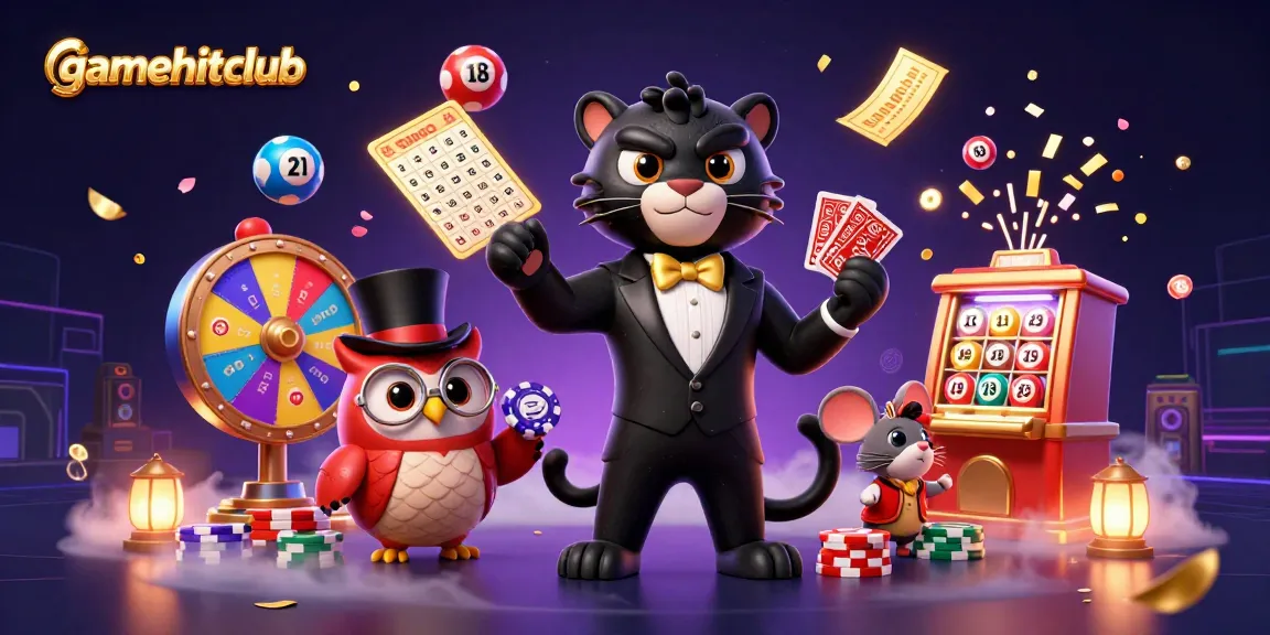 Experience excitement at gamehitclub with a dynamic casino scene featuring a panther dealer, lively lottery elements, and casino excitement.