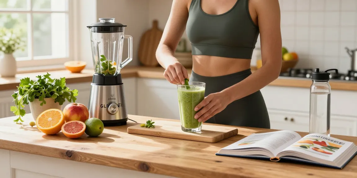 Koi Aminos GLP-3 RT smoothie preparation in a bright kitchen with fresh fruits and health products.