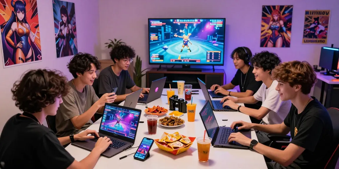 Excited gamers enjoying mind control hentai games in a lively co-working space.